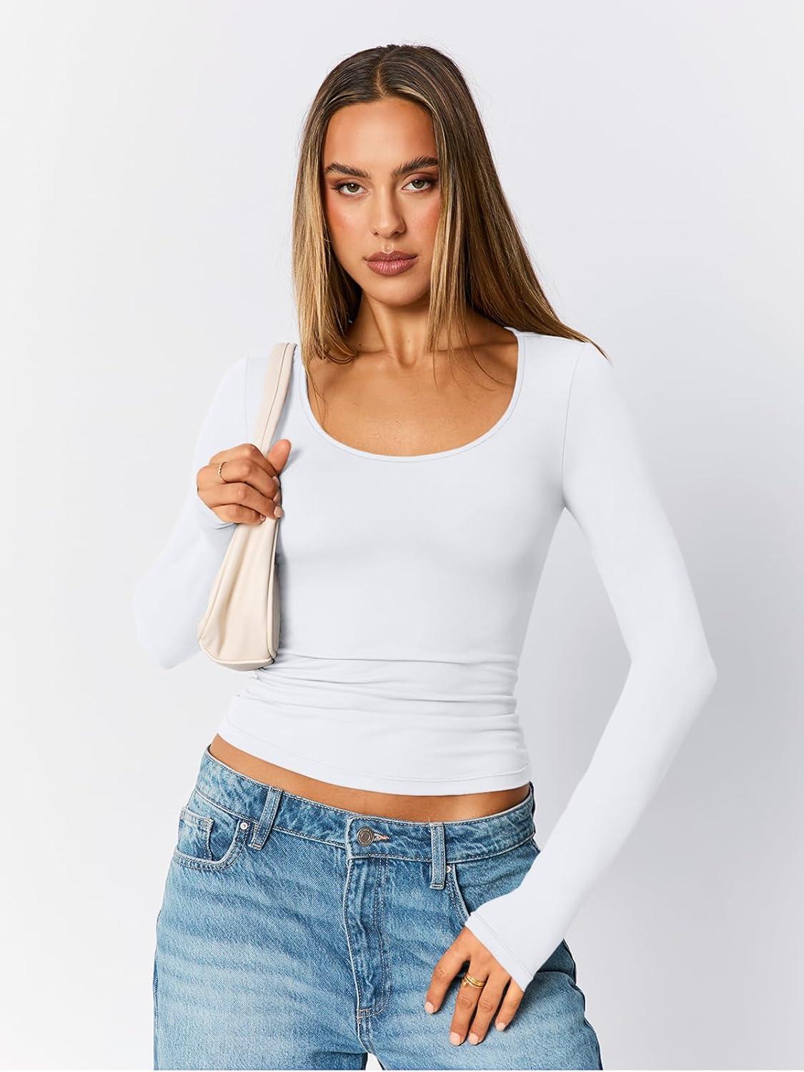 imageTrendy Queen Womens Scoop Neck Long Sleeve Shirts Skinny Going Out Crop Tops Cute Fall Fashion 2025 ClothesWhite