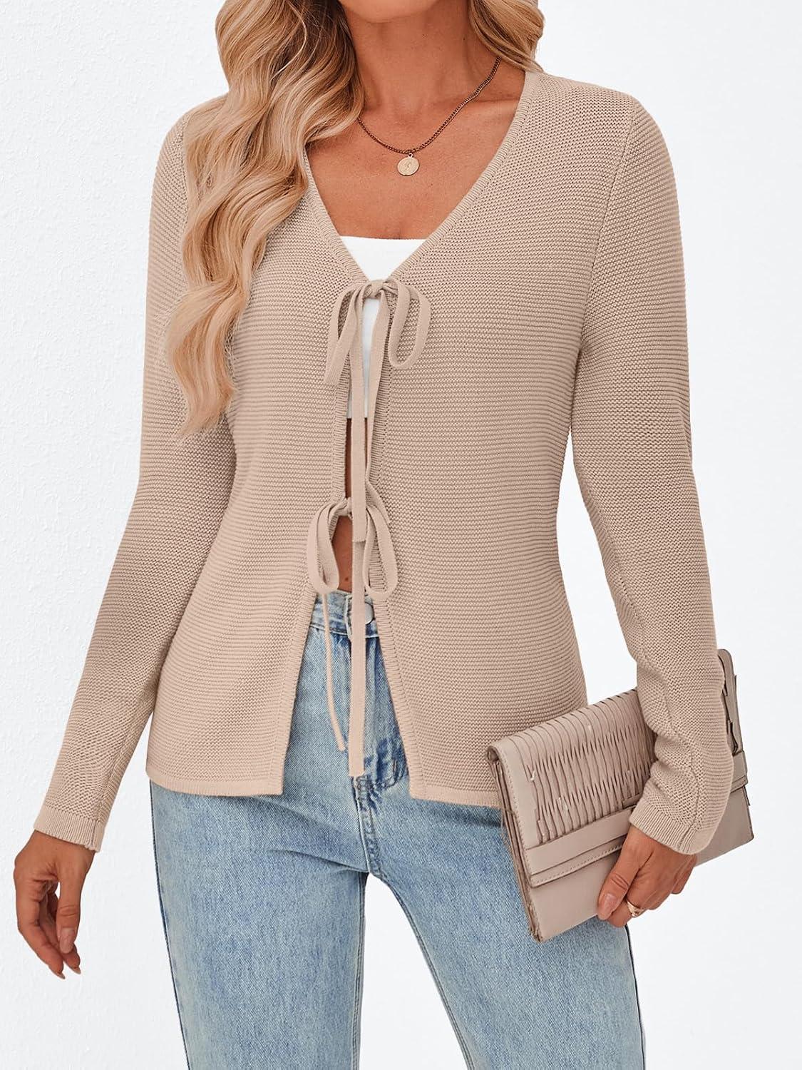 imageTrendy Queen Womens Tie Front Tops Fall Cardigan Sweaters 2025 Fashion Crochet Crop Vacation Clothes Cute Y2K Casual OutfitsApricot