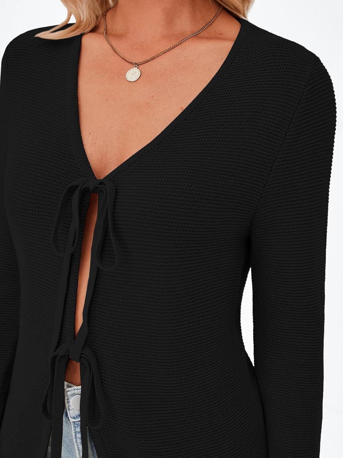 imageTrendy Queen Womens Tie Front Tops Fall Cardigan Sweaters 2025 Fashion Crochet Crop Vacation Clothes Cute Y2K Casual OutfitsBlack