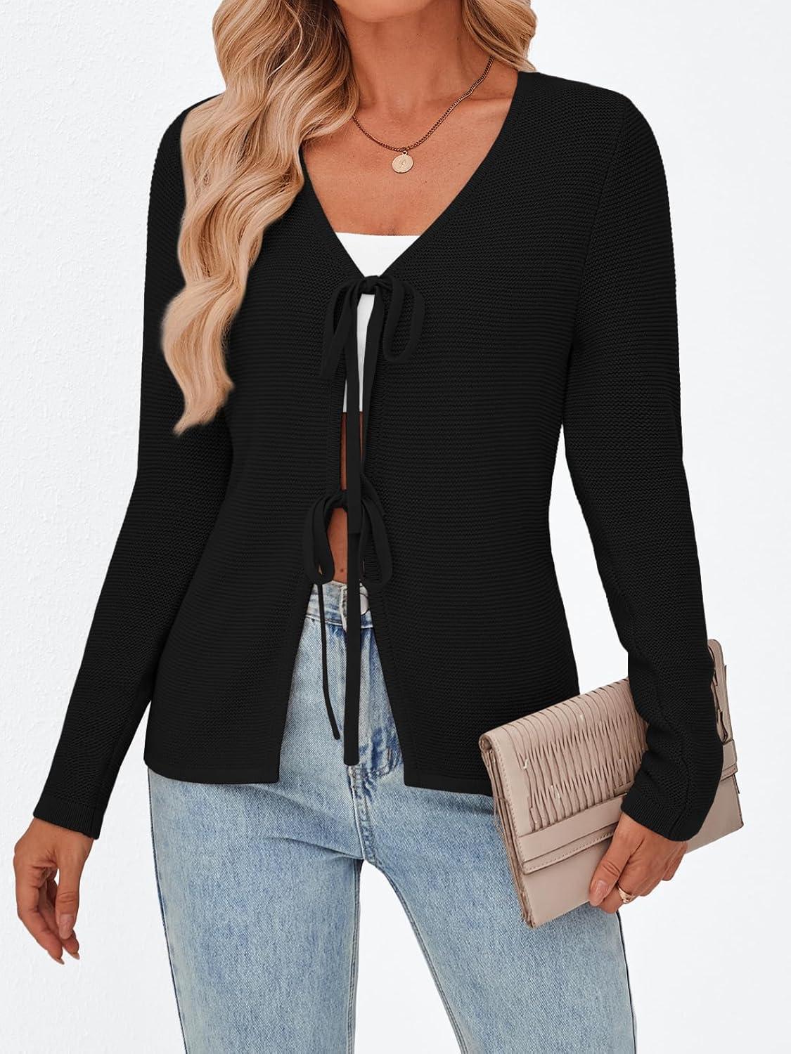 imageTrendy Queen Womens Tie Front Tops Fall Cardigan Sweaters 2025 Fashion Crochet Crop Vacation Clothes Cute Y2K Casual OutfitsBlack