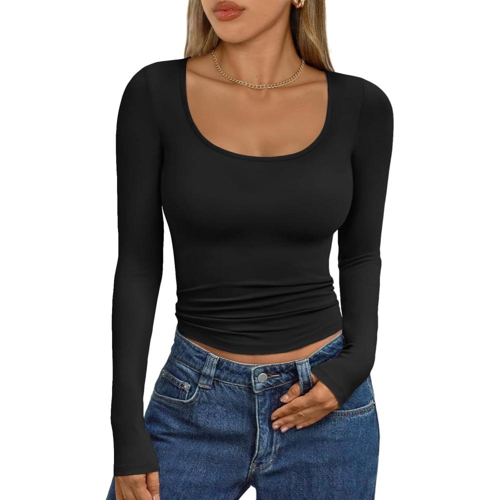 imageTrendy Queen Womens Scoop Neck Long Sleeve Shirts Skinny Going Out Crop Tops Cute Fall Fashion 2025 ClothesBlack