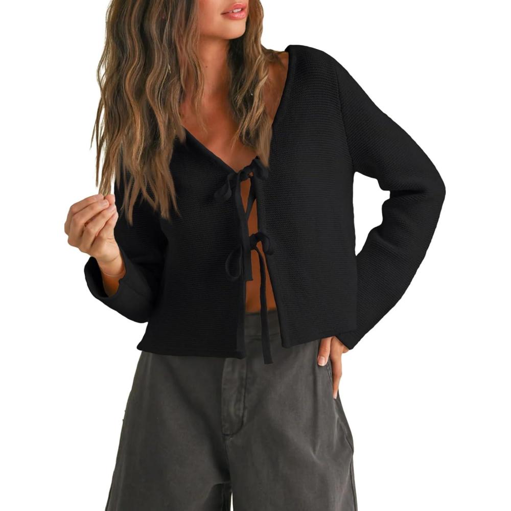 imageTrendy Queen Womens Tie Front Tops Fall Cardigan Sweaters 2025 Fashion Crochet Crop Vacation Clothes Cute Y2K Casual OutfitsBlack