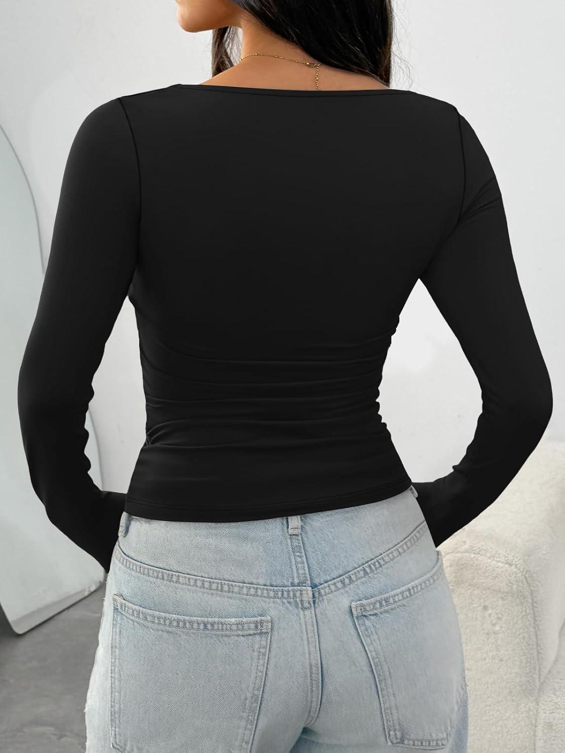 imageTrendy Queen Womens Long Sleeve Shirts Crop Tops Basic Square Neck Going Out Fall Fashion 2025 Fitted Clothes Workout OutfitsBlack