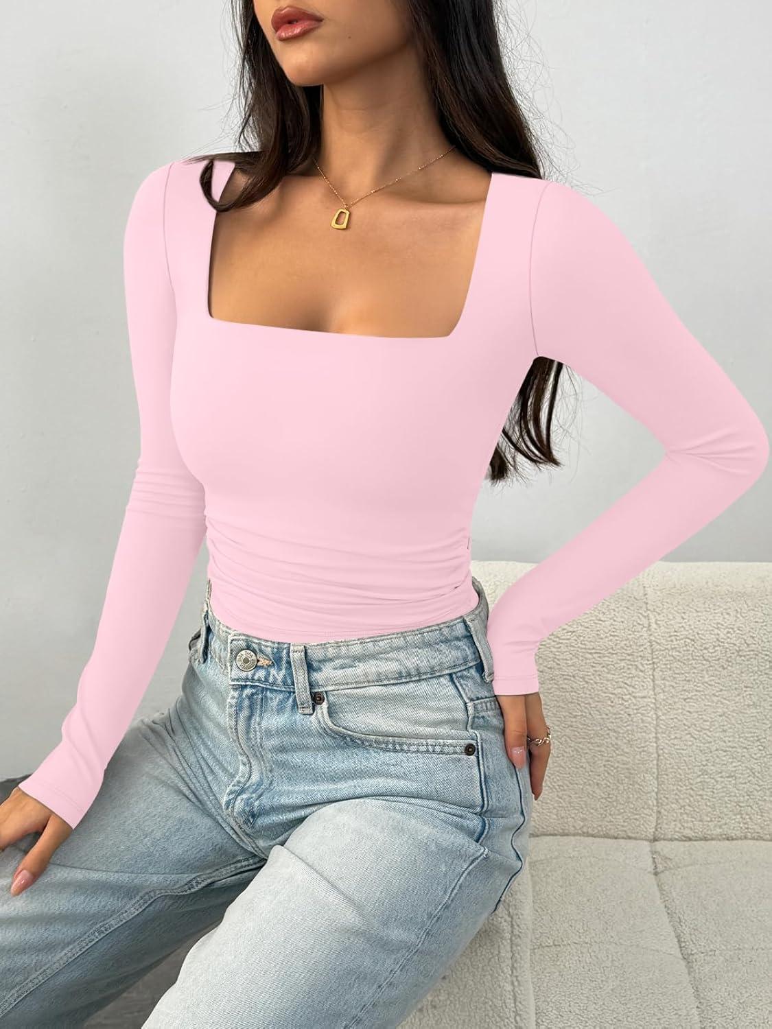 imageTrendy Queen Womens Long Sleeve Shirts Crop Tops Basic Square Neck Going Out Fall Fashion 2025 Fitted Clothes Workout OutfitsPink