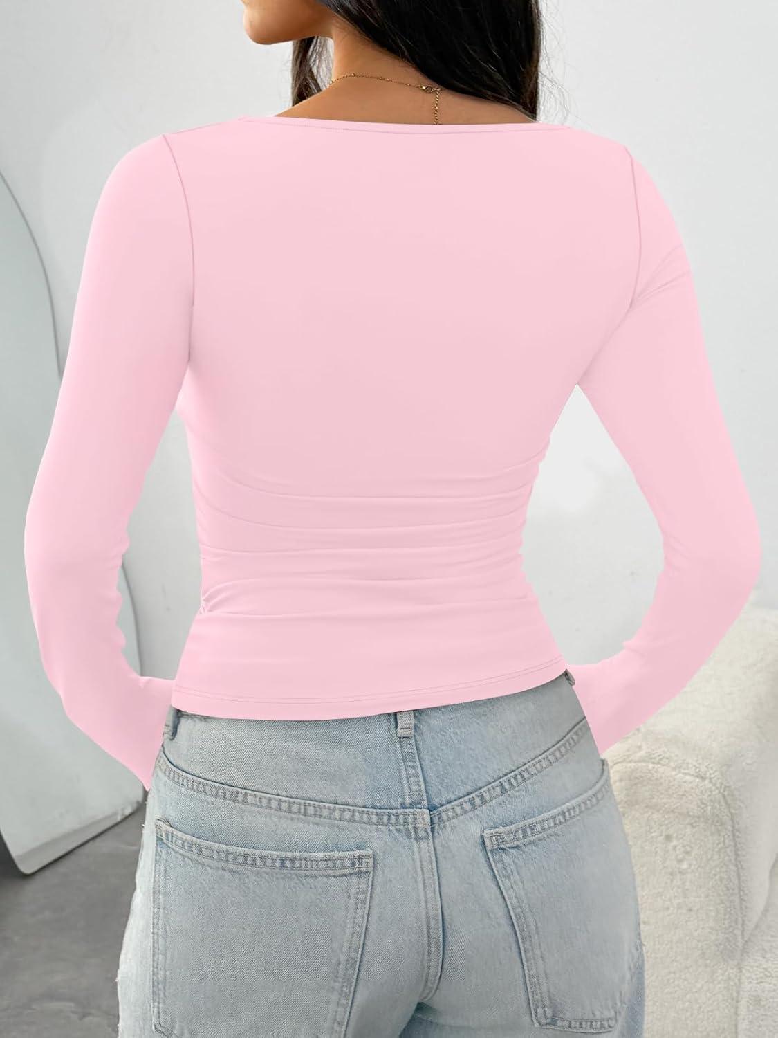 imageTrendy Queen Womens Long Sleeve Shirts Crop Tops Basic Square Neck Going Out Fall Fashion 2025 Fitted Clothes Workout OutfitsPink