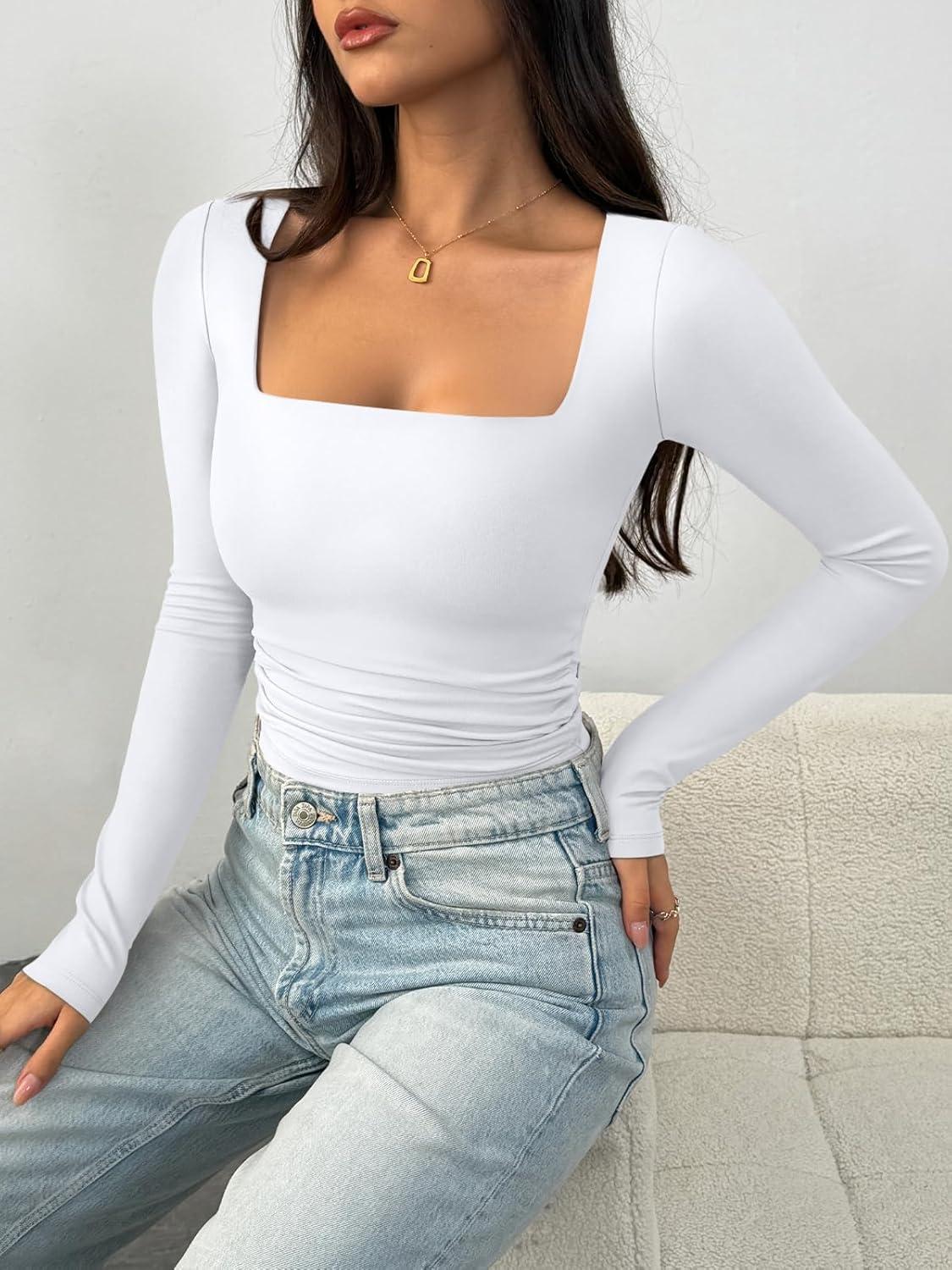 imageTrendy Queen Womens Long Sleeve Shirts Crop Tops Basic Square Neck Going Out Fall Fashion 2025 Fitted Clothes Workout OutfitsWhite