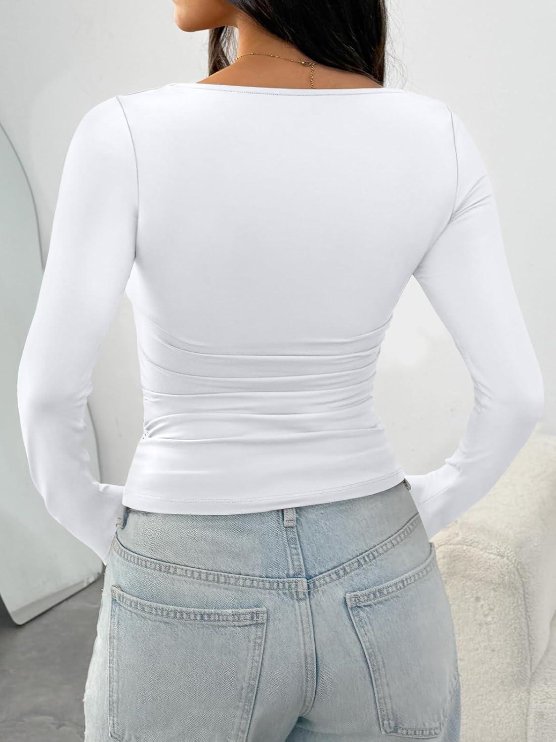 imageTrendy Queen Womens Long Sleeve Shirts Crop Tops Basic Square Neck Going Out Fall Fashion 2025 Fitted Clothes Workout OutfitsWhite