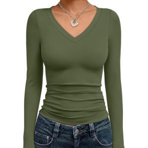 imageTrendy Queen Long Sleeve Shirts for Women 2025 Fall Fashion V Neck Basics Crop Tops Slim Fitted Y2K Tops Outfits ClothesArmy Green