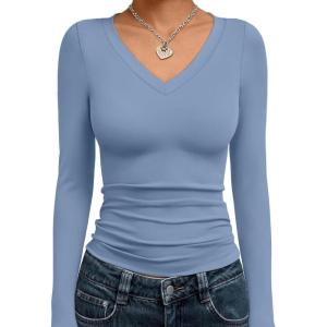 imageTrendy Queen Long Sleeve Shirts for Women 2025 Fall Fashion V Neck Basics Crop Tops Slim Fitted Y2K Tops Outfits ClothesBlue Gray
