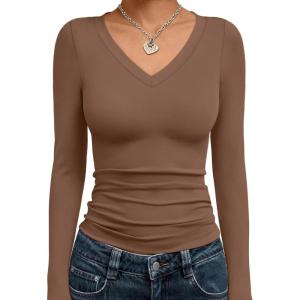 imageTrendy Queen Long Sleeve Shirts for Women 2025 Fall Fashion V Neck Basics Crop Tops Slim Fitted Y2K Tops Outfits ClothesBrown