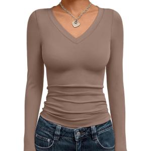 imageTrendy Queen Long Sleeve Shirts for Women 2025 Fall Fashion V Neck Basics Crop Tops Slim Fitted Y2K Tops Outfits ClothesCoffee Grey
