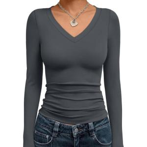 imageTrendy Queen Long Sleeve Shirts for Women 2025 Fall Fashion V Neck Basics Crop Tops Slim Fitted Y2K Tops Outfits ClothesGray