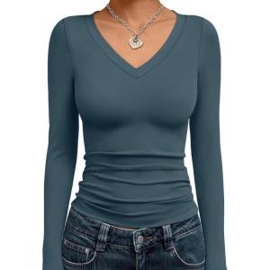 imageTrendy Queen Long Sleeve Shirts for Women 2025 Fall Fashion V Neck Basics Crop Tops Slim Fitted Y2K Tops Outfits ClothesHaze Blue