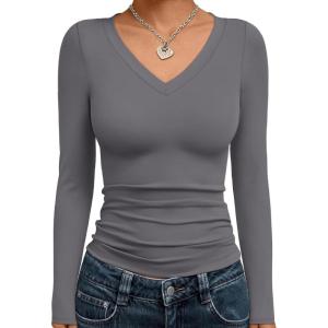 imageTrendy Queen Long Sleeve Shirts for Women 2025 Fall Fashion V Neck Basics Crop Tops Slim Fitted Y2K Tops Outfits ClothesLight Gray