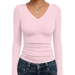 imageTrendy Queen Long Sleeve Shirts for Women 2025 Fall Fashion V Neck Basics Crop Tops Slim Fitted Y2K Tops Outfits ClothesPink