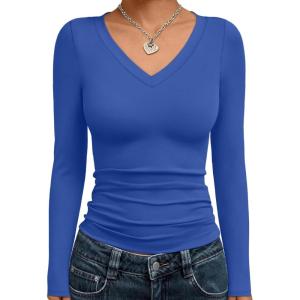 imageTrendy Queen Long Sleeve Shirts for Women 2025 Fall Fashion V Neck Basics Crop Tops Slim Fitted Y2K Tops Outfits ClothesRoyal Blue