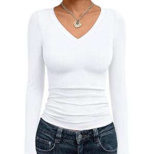 imageTrendy Queen Long Sleeve Shirts for Women 2025 Fall Fashion V Neck Basics Crop Tops Slim Fitted Y2K Tops Outfits ClothesWhite