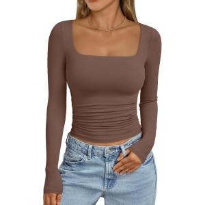 imageTrendy Queen Womens Long Sleeve Shirts Crop Tops Basic Square Neck Going Out Fall Fashion 2025 Fitted Clothes Workout OutfitsCoffee