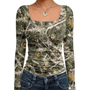 imageTrendy Queen Womens Long Sleeve Shirts Crop Tops Fall Fashion 2025 Square Neck Going Out Basics Tees Y2k ClothesCamo