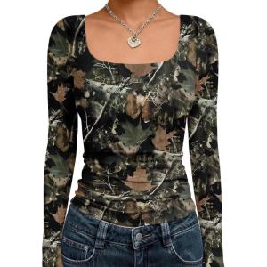 imageTrendy Queen Womens Long Sleeve Shirts Crop Tops Fall Fashion 2025 Square Neck Going Out Basics Tees Y2k ClothesCamoblack