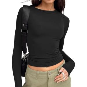 imageTrendy Queen Womens Long Sleeve T Shirts Fall Fashion 2025 Basic Crop Tops Going Out Outfits Y2k ClothesBlack