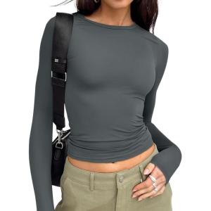 imageTrendy Queen Womens Long Sleeve T Shirts Fall Fashion 2025 Basic Crop Tops Going Out Outfits Y2k ClothesGray