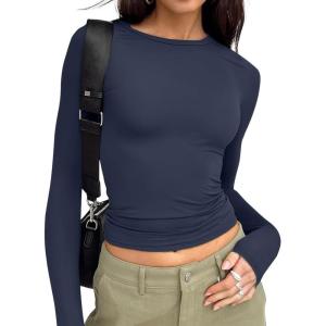 imageTrendy Queen Womens Long Sleeve T Shirts Fall Fashion 2025 Basic Crop Tops Going Out Outfits Y2k ClothesNavy