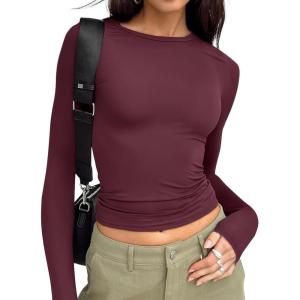 imageTrendy Queen Womens Long Sleeve T Shirts Fall Fashion 2025 Basic Crop Tops Going Out Outfits Y2k ClothesWine Red
