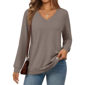 imageTrendy Queen Womens V Neck Long Sleeve Shirts Lightweight Thermal Pullover Tops Soft Cozy Fall Winter Casual Outfit 2025Coffeegrey