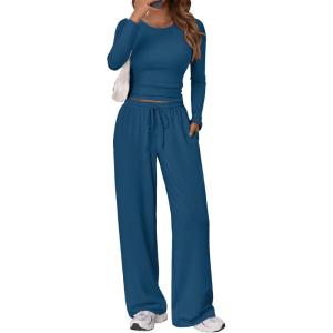 imageTrendy Queen Womens 2 Piece Matching Lounge Set Long Sleeve Slightly Crop Top Wide Leg Pants Casual SweatsuitMarine