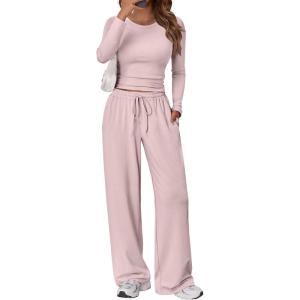 imageTrendy Queen Womens 2 Piece Matching Lounge Set Long Sleeve Slightly Crop Top Wide Leg Pants Casual SweatsuitPastel Pink