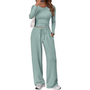 imageTrendy Queen Womens 2 Piece Matching Lounge Set Long Sleeve Slightly Crop Top Wide Leg Pants Casual SweatsuitSage