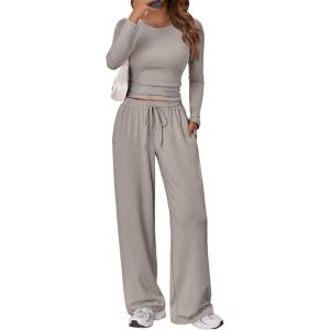 imageTrendy Queen Womens 2 Piece Matching Lounge Set Long Sleeve Slightly Crop Top Wide Leg Pants Casual SweatsuitSmoke