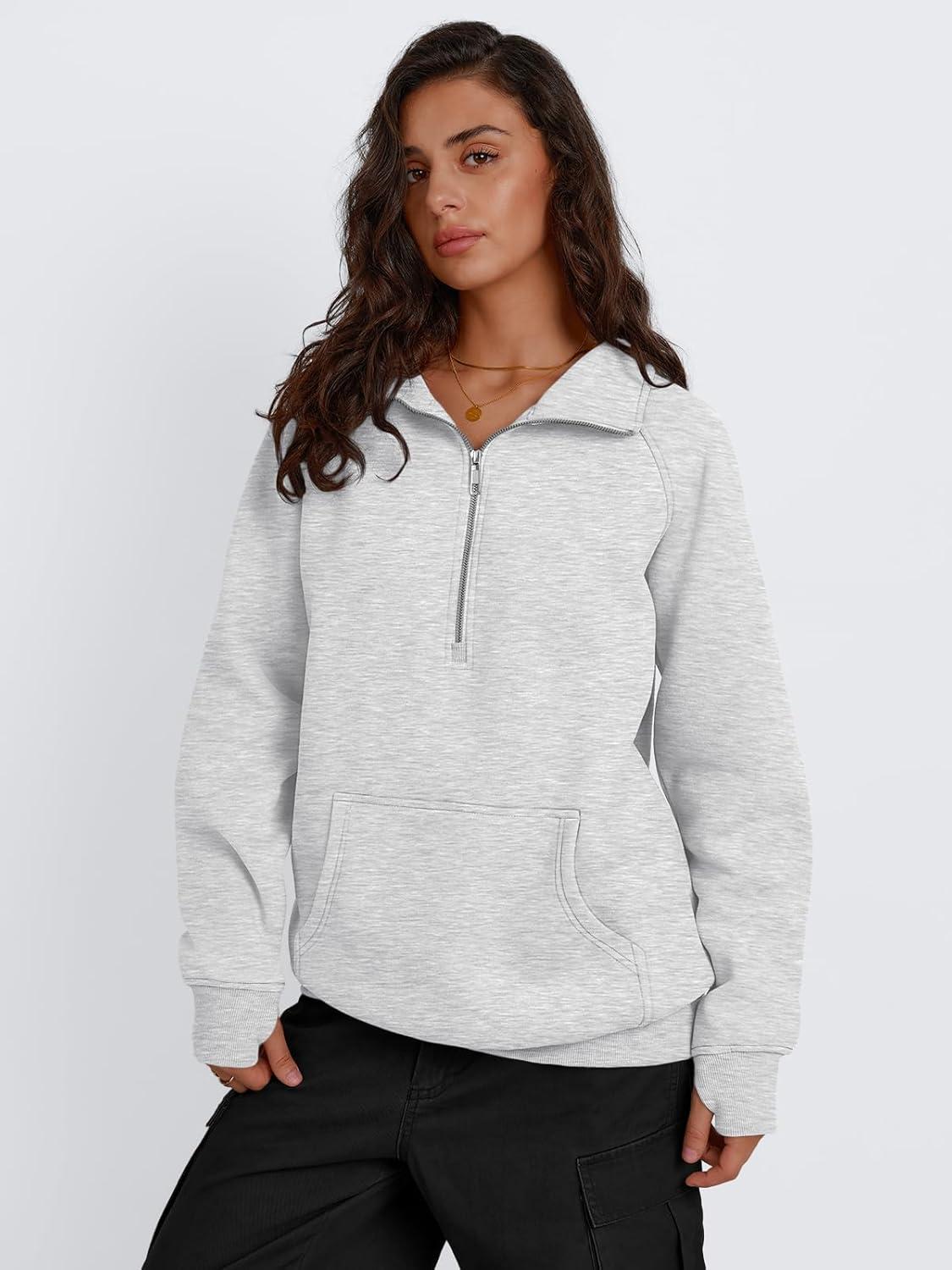 imageTrendy Queen Womens Oversized Sweatshirts Quarter Zip Pullover Long Sleeve Fall Fashion 2025 Winter Clothes Thumb HolesGrey