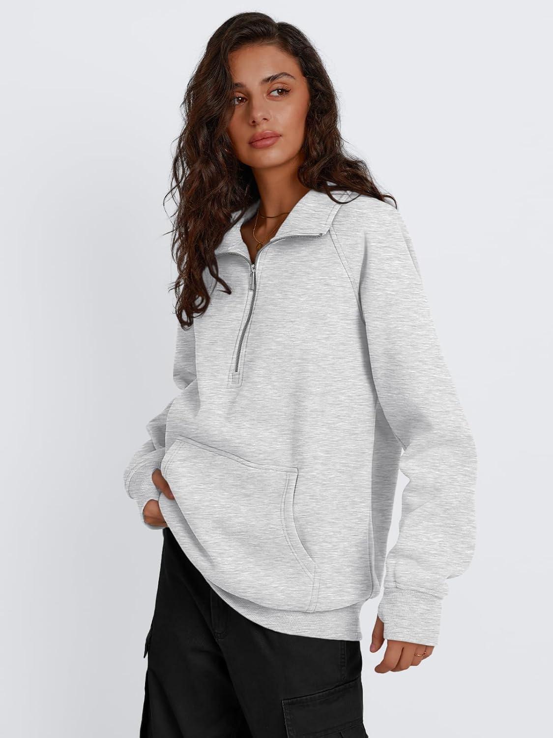 imageTrendy Queen Womens Oversized Sweatshirts Quarter Zip Pullover Long Sleeve Fall Fashion 2025 Winter Clothes Thumb HolesGrey