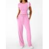imageTrendy Queen 2 Piece Matching Summer Sweatsuit Lounge Set Womens Wide Leg Pants Side Ruching Crop Top SetsLight Pink