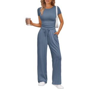 imageTrendy Queen 2 Piece Matching Summer Sweatsuit Lounge Set Womens Wide Leg Pants Side Ruching Crop Top SetsDusty Blue