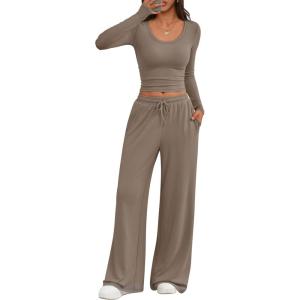imageTrendy Queen Women 2 Piece Matching Lounge Sets Clothing Comfiest Wide Leg Pants 2025 Y2K Sweatsuits Fall Airport OutfitMocha