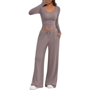 imageTrendy Queen Women 2 Piece Matching Lounge Sets Clothing Comfiest Wide Leg Pants 2025 Y2K Sweatsuits Fall Airport OutfitRose Taupe