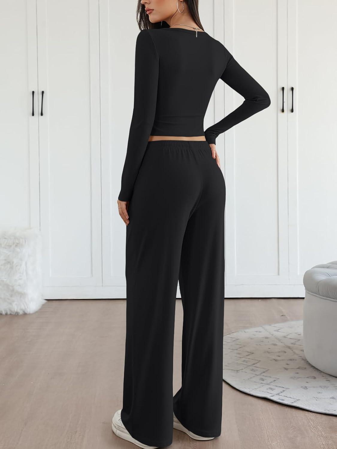 imageTrendy Queen 2 Piece Matching Lounge Sets for Women Fall Fashion 2025 Two Piece Outfits Henley Crop Tops Wide Leg PantsBlack