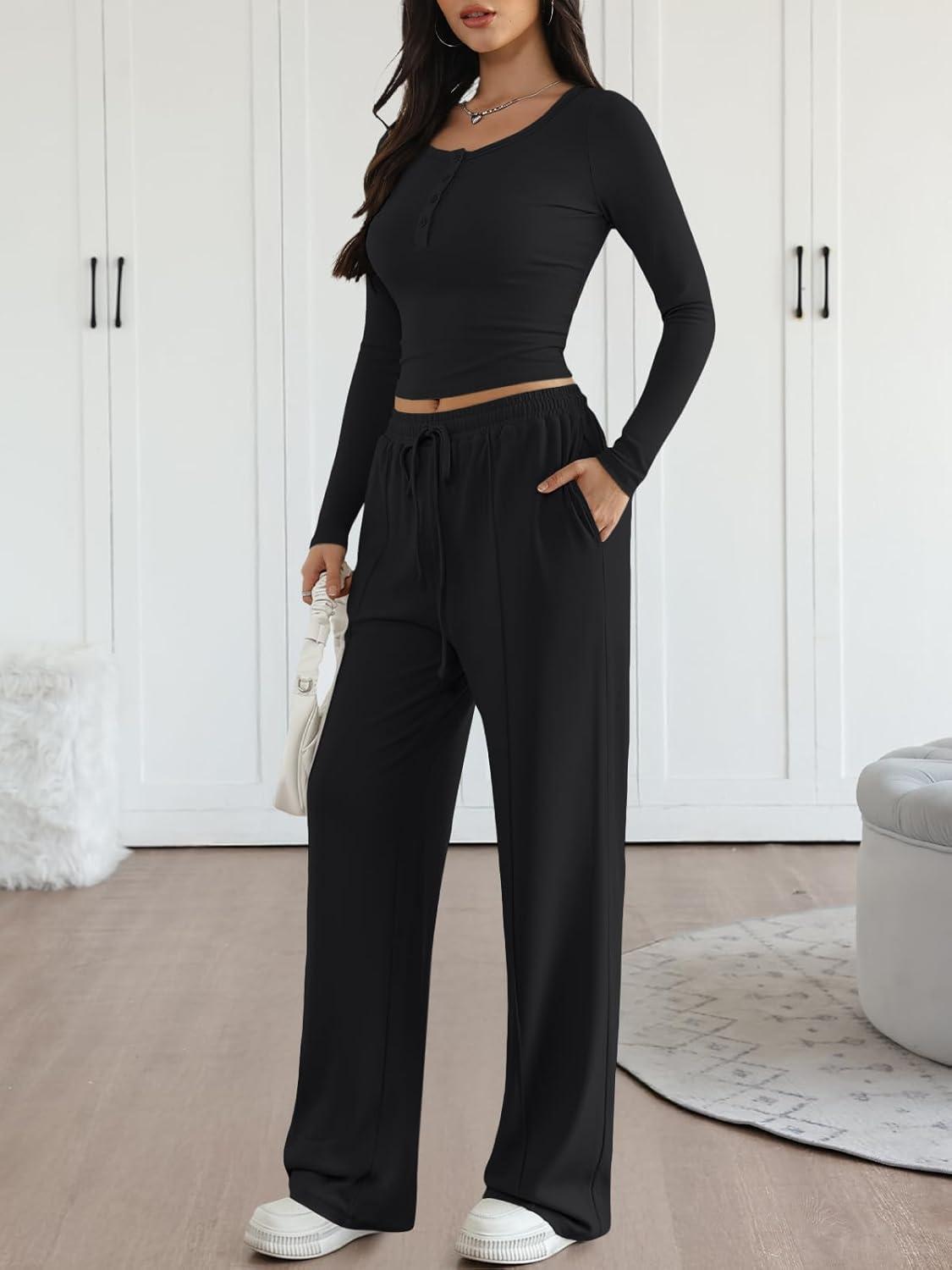 imageTrendy Queen 2 Piece Matching Lounge Sets for Women Fall Fashion 2025 Two Piece Outfits Henley Crop Tops Wide Leg PantsBlack