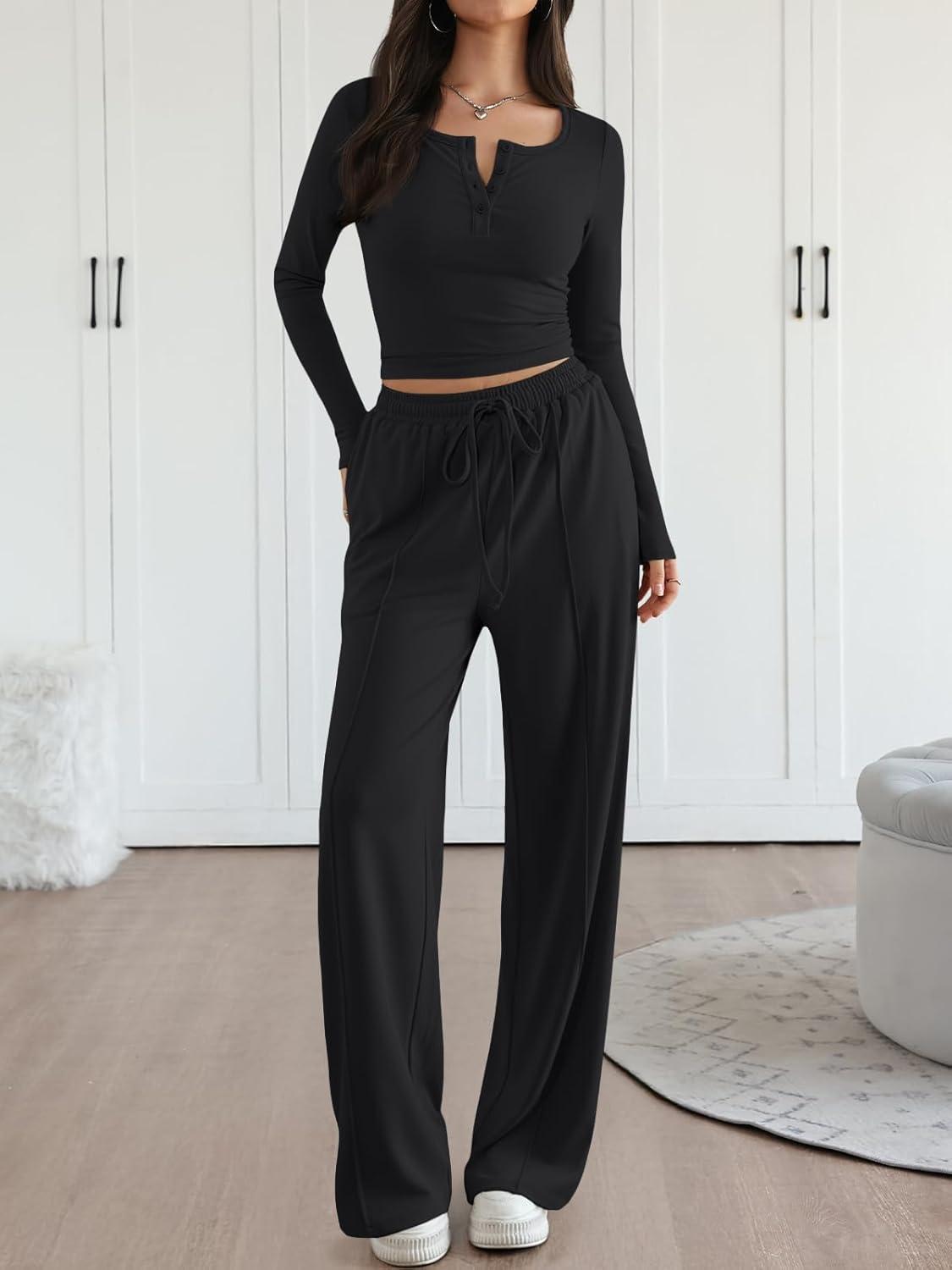 imageTrendy Queen 2 Piece Matching Lounge Sets for Women Fall Fashion 2025 Two Piece Outfits Henley Crop Tops Wide Leg PantsBlack