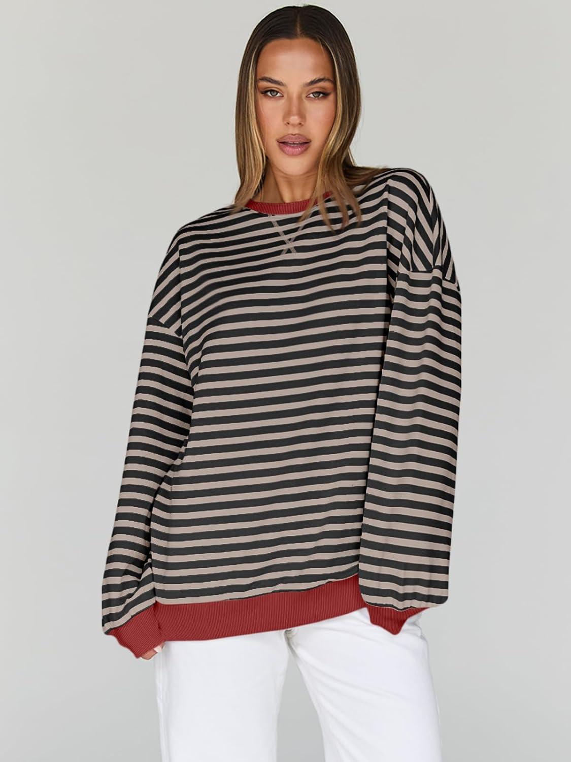 imageTrendy Queen Oversized Sweatshirt for Women 2025 Fall Crewneck Striped Long Sleeve Shirts Hoodies Cute Top Y2K OutfitsBlackkhaki