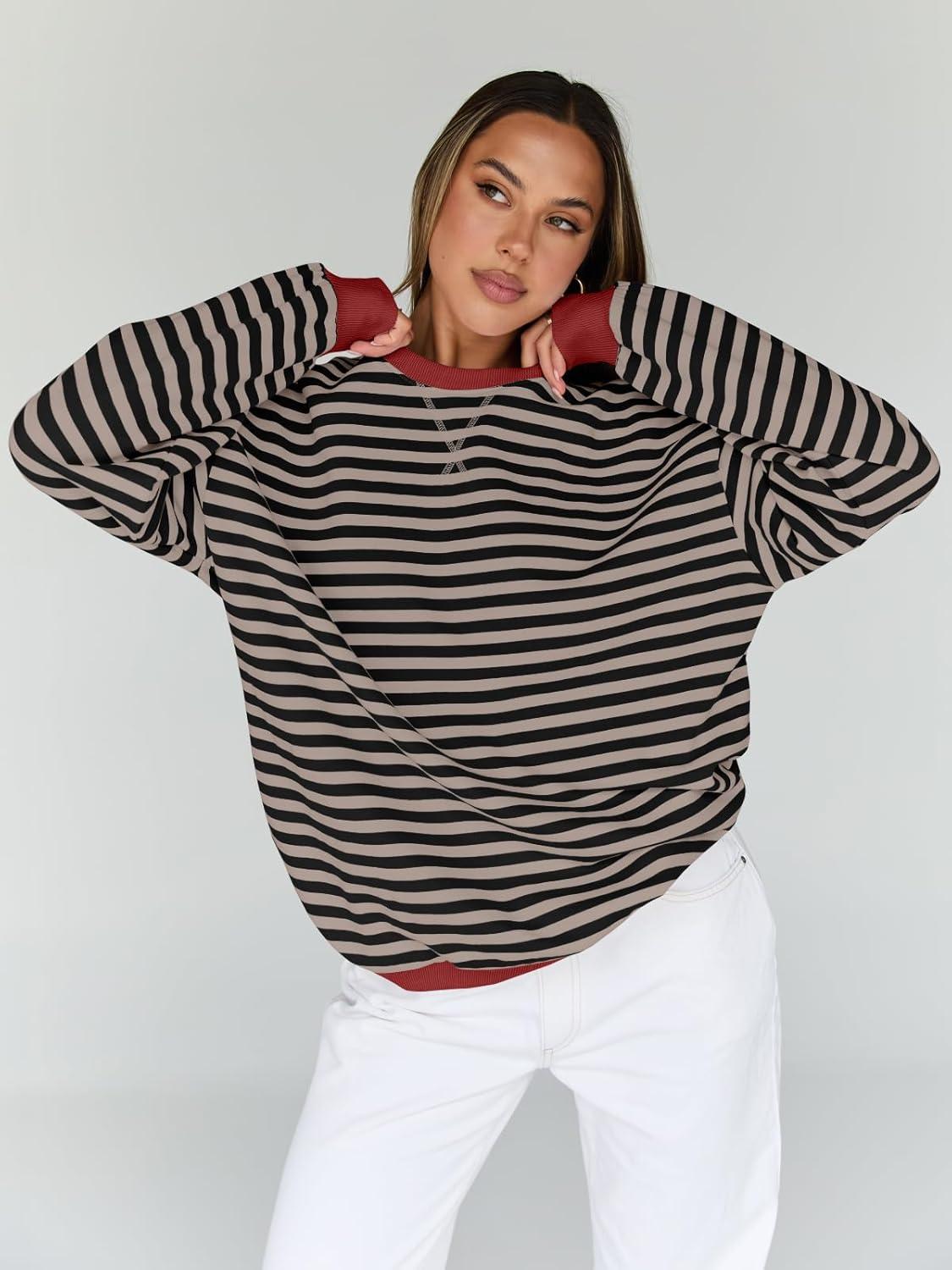 imageTrendy Queen Oversized Sweatshirt for Women 2025 Fall Crewneck Striped Long Sleeve Shirts Hoodies Cute Top Y2K OutfitsBlackkhaki