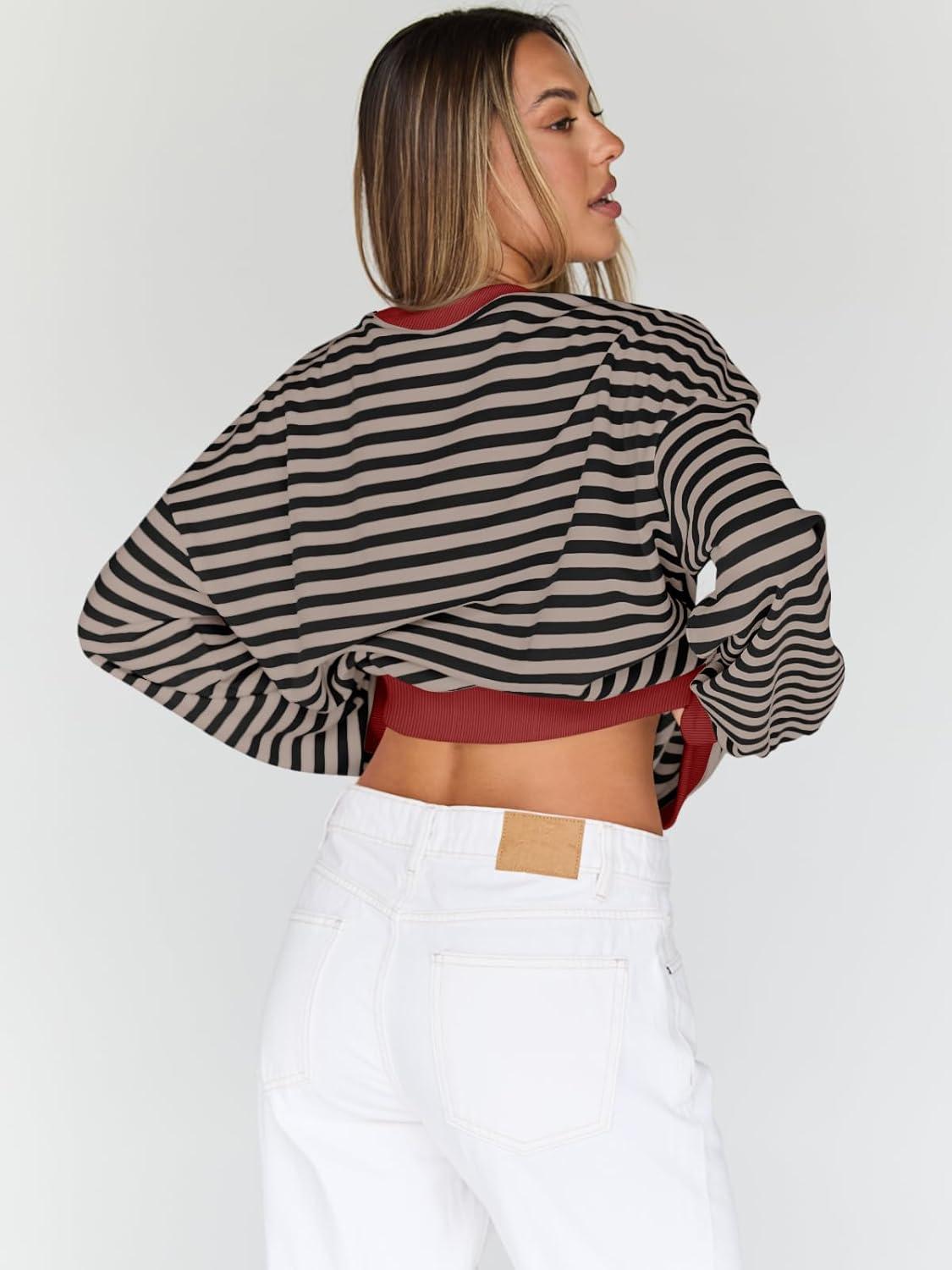 imageTrendy Queen Oversized Sweatshirt for Women 2025 Fall Crewneck Striped Long Sleeve Shirts Hoodies Cute Top Y2K OutfitsBlackkhaki