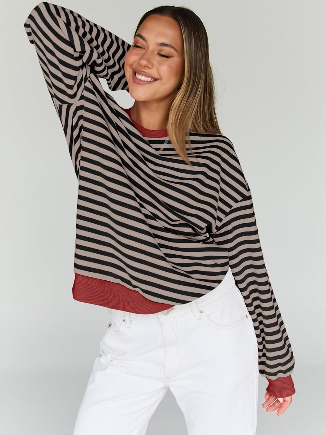 imageTrendy Queen Oversized Sweatshirt for Women 2025 Fall Crewneck Striped Long Sleeve Shirts Hoodies Cute Top Y2K OutfitsBlackkhaki