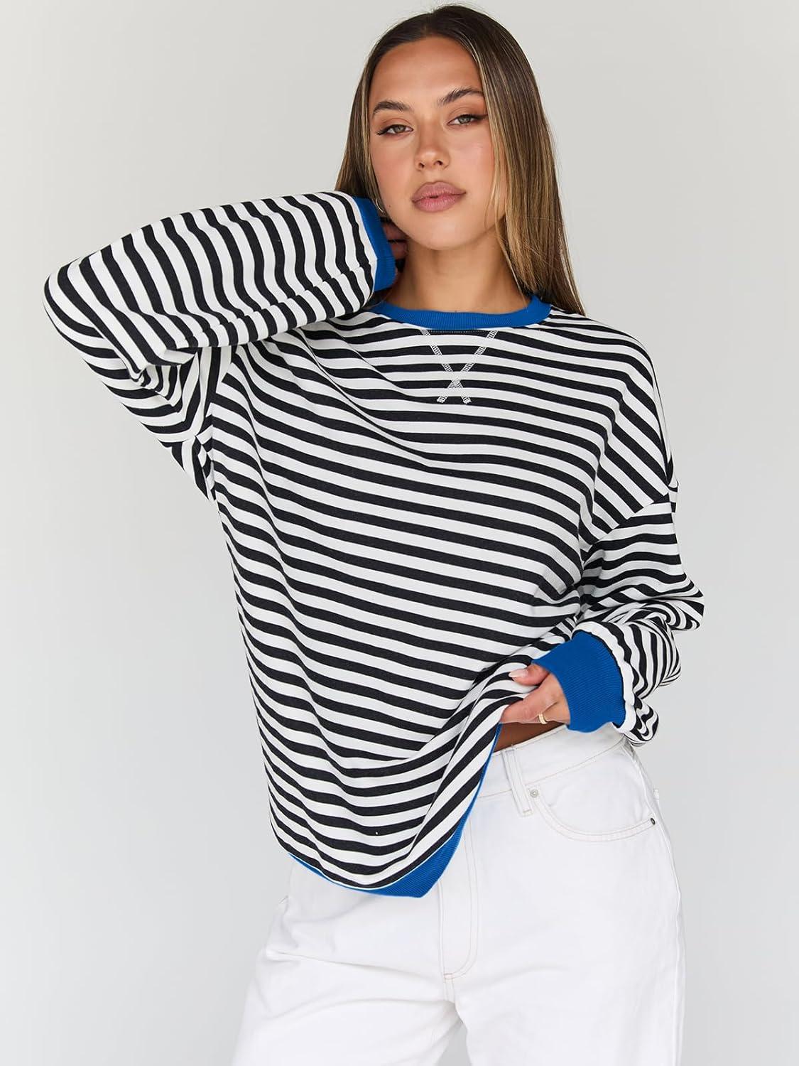 imageTrendy Queen Oversized Sweatshirt for Women 2025 Fall Crewneck Striped Long Sleeve Shirts Hoodies Cute Top Y2K OutfitsBlackwhite