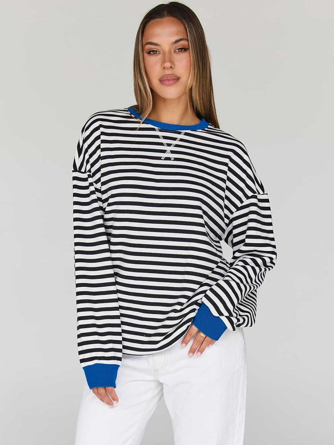 imageTrendy Queen Oversized Sweatshirt for Women 2025 Fall Crewneck Striped Long Sleeve Shirts Hoodies Cute Top Y2K OutfitsBlackwhite