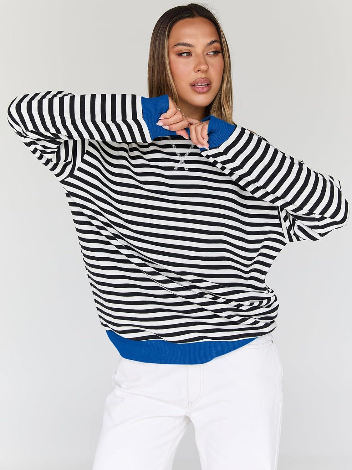imageTrendy Queen Oversized Sweatshirt for Women 2025 Fall Crewneck Striped Long Sleeve Shirts Hoodies Cute Top Y2K OutfitsBlackwhite