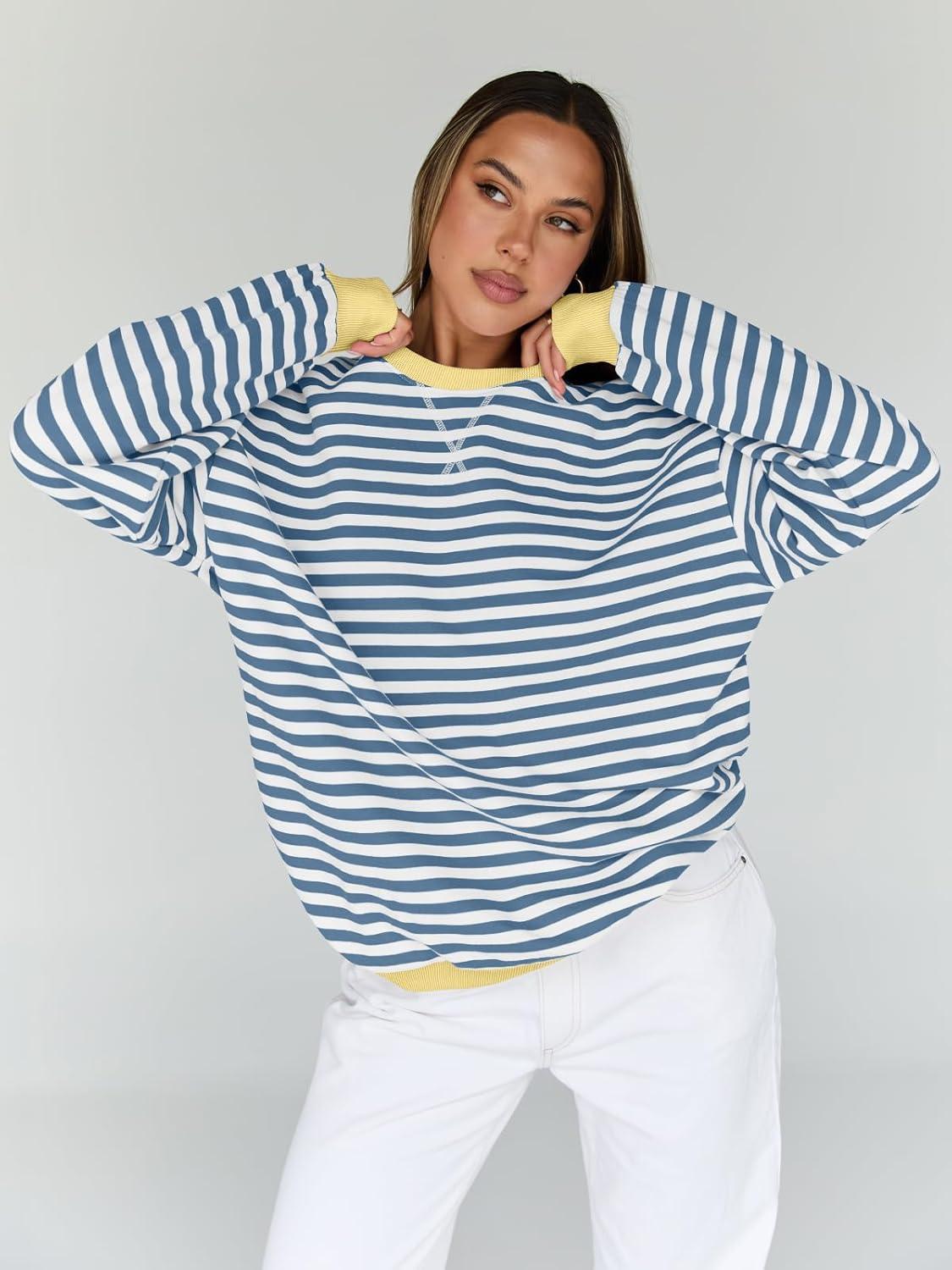 imageTrendy Queen Oversized Sweatshirt for Women 2025 Fall Crewneck Striped Long Sleeve Shirts Hoodies Cute Top Y2K OutfitsBluewhite